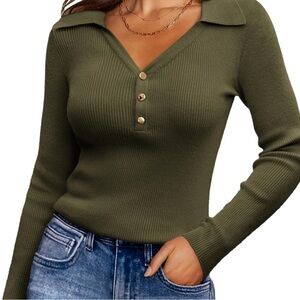 Grace Karen Army Green V-Neck Sweater L